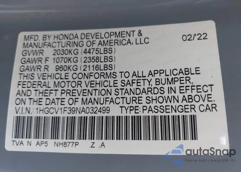 2022 Honda Accord Sport из США, поврежденный, VIN 1HGCV1F39NA032499